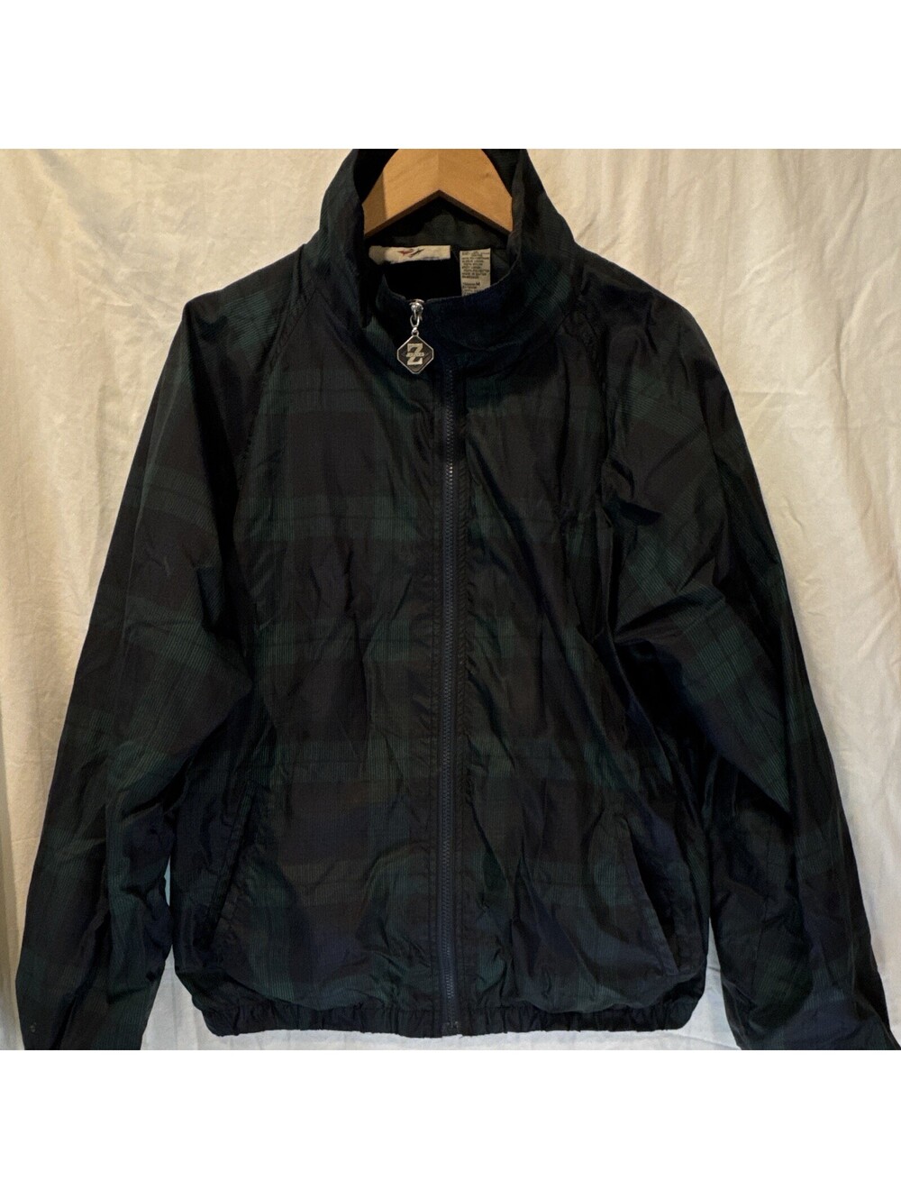 Jerzees Men's Green/Black Plaid Lined Full Zip Windbreaker Jacket Pockets M